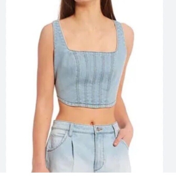 Y2K RUFUGE DENIM CROP TOP CORSET STYLE SMOCKED BACK Denim Crop Top SZ SMALL - Picture 2 of 7
